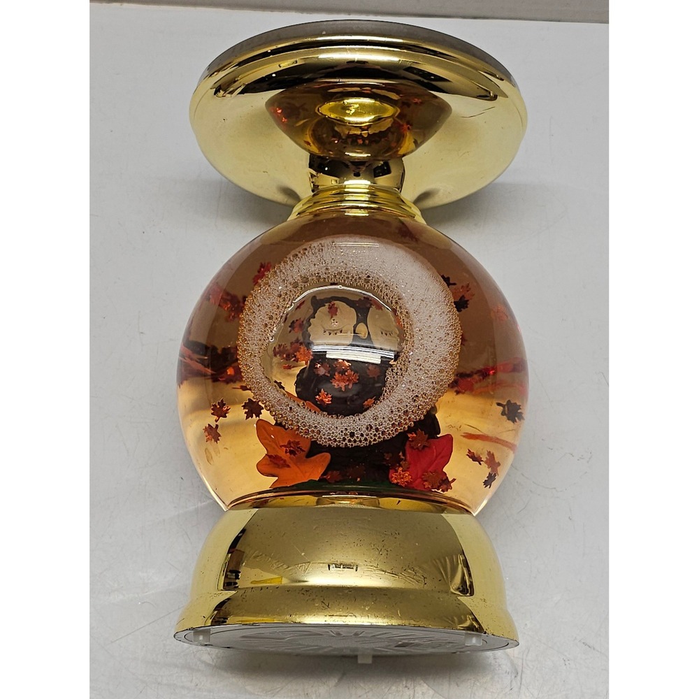 Bath & Body Works Owl Fall Leaves Water Globe 3-Wick Candle Holder Gold Pedestal